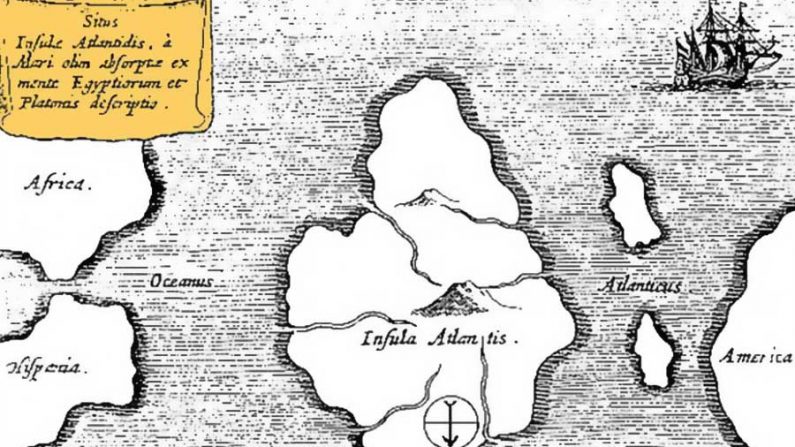 Mapa da Atlântida de Athanasius Kircher, situada no meio Oceano Atlântico (Reprodução)