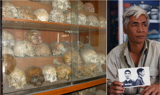 Armários cheios de crânios humanos, desenterrados dos terrenos da prisão Tuol Sleng (Domínio Público); Direita - Vann Nath (Vannnath.com)
