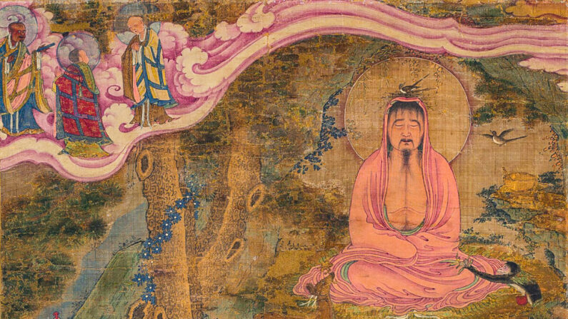  Deixar de lado o ego e as crenças limitantes nos abre para a autotransformação. Detalhe do "Milagre do Dragão", de 1600, com Buda Shakyamuni retratado em meditação sentada com pássaros aninhados em cima de sua cabeça. (Domínio público)