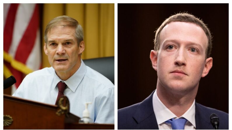 Presidente do Comitê Judiciário da Câmara, deputado Jim Jordan (R-Ohio) e CEO da Meta, Mark Zuckerberg, em fotos de arquivo. (Madalina Vasiliu/The Epoch Times; Samira Bouaou/The Epoch Times)
