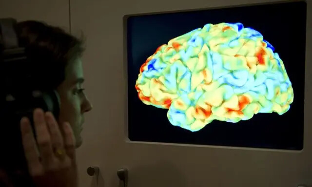 Uma mulher olha para uma imagem de ressonância magnética funcional (fMRI) mostrando o efeito da Sagração da Primavera de Stravinsky e da 3ª Crítica de Kant no cérebro humano durante a grande nova exposição da Wellcome Collection "Brains: mind of mater" em Londres em 27 de março de 2012. (Miguel Medina/AFP/Getty Images)
