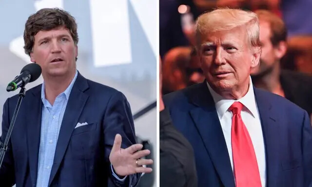 Tucker Carlson (E) fala durante o Mathias Corvinus Collegium (MCC) Feszt em Esztergom, Hungria, em 7 de agosto de 2021. (Janos Kummer/Getty Images) ; O ex-presidente Donald Trump participa do evento de artes marciais mistas Ultimate Fighting Championship (UFC) 287 no Kaseya Center em Miami em 8 de abril de 2023. (Chandan Khanna/ AFP via Getty Images)
