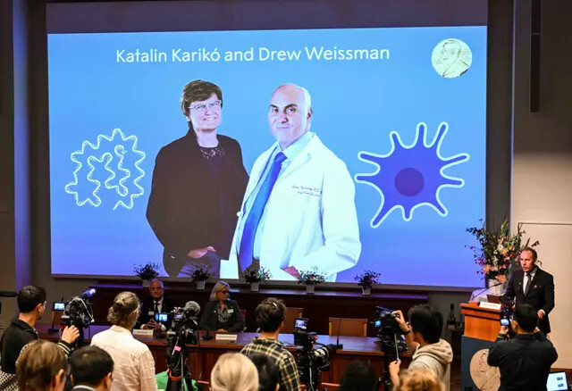 Uma tela no Instituto Karolinska mostra os laureados deste ano Katalin Kariko da Hungria (esquerda) e Drew Weissman dos EUA durante o anúncio dos vencedores do Prêmio Nobel de Fisiologia ou Medicina de 2023 no Instituto Karolinska em Estocolmo, em 2 de outubro., 2023 (Jonathan Nackstrand/AFP via Getty Images)