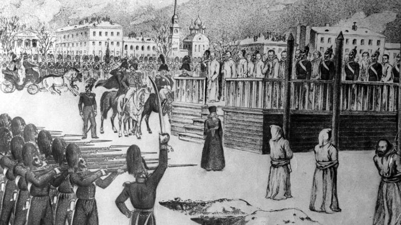 Ritual de execução simulada da Semionov-platz, 1849, por B. Pokrovsky. (Domínio público)