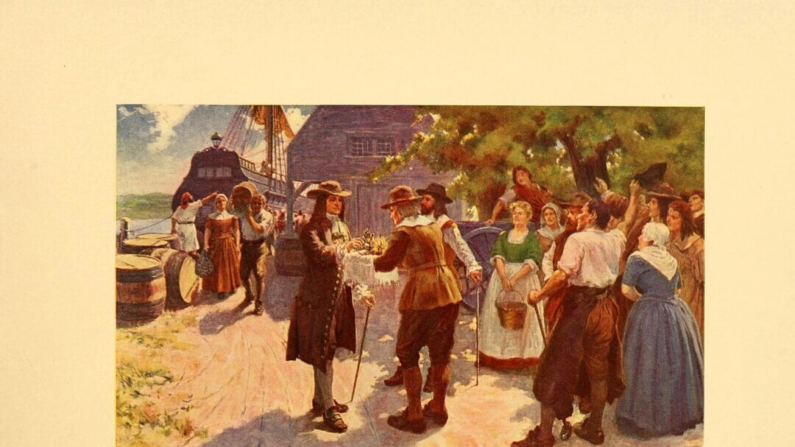 Uma ilustração de livro didático de 1903, de Frank O. Small, "William Penn sendo presenteado com os emblemas de posse da colônia Quaker." (Domínio público)
