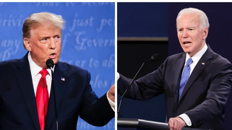 (Esquerda) O presidente Donald Trump participa do último  debate presidencial contra o candidato presidencial democrata Joe Biden na Universidade Belmont em Nashville, Tennessee, em 22 de outubro de 2020. (À direita) O candidato presidencial democrata Joe Biden participa do último debate presidencial contra o presidente Donald Trump na Belmont University em Nashville, Tennessee, em 22 de outubro de 2020. (Justin Sullivan, Chip Somodevilla/Getty Images)
