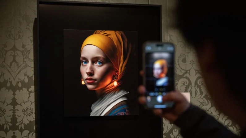 Um visitante tira uma foto com seu celular de uma imagem projetada com inteligência artificial pelo criador digital Julian van Dieken (C), baseado em Berlim, inspirada na pintura "Garota com brinco de pérola" de Johannes Vermeer, no museu Mauritshuis, em Haia, em 9 de março de 2023. (Simon Wohlfahrt/AFP via Getty Images)
