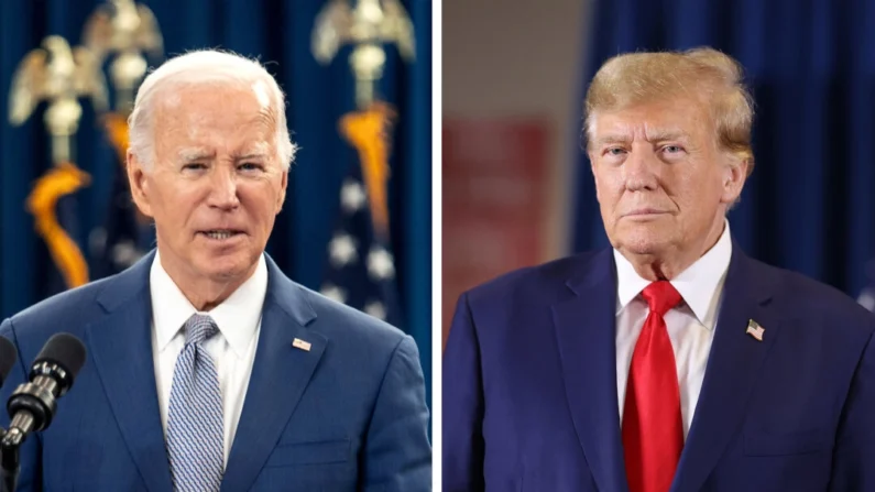 (Esquerda) O presidente Joe Biden fala sobre seu plano econômico para o país em Raleigh, N.C., em 18 de janeiro de 2024. (À direita) O ex-presidente Donald Trump chega para um comício em Sioux Center, Iowa, em 5 de janeiro de 2024. (Eros Hoagland/Getty Images; Scott Olson/Getty Images)
