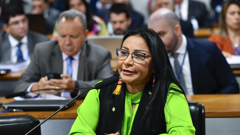 Em pronunciamento,, deputada Silvia Waiãpi (PL-AP). (Foto: Geraldo Magela/Agência Senado)