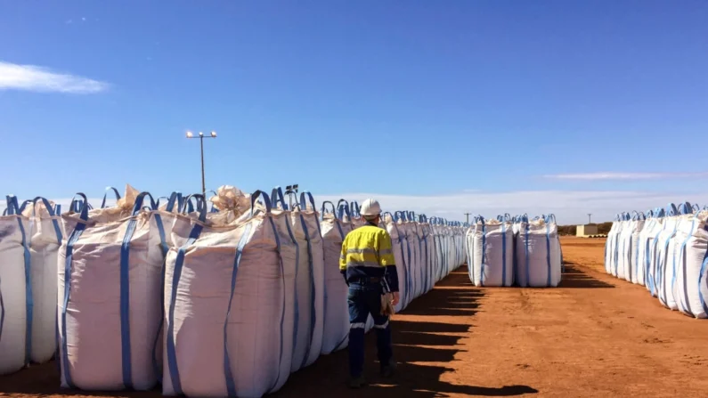 Um trabalhador da Lynas Corp passa por sacos de concentrado de terras raras esperando para serem enviados para a Malásia, em Mount Weld, a nordeste de Perth, Austrália, em 23 de agosto de 2019. (Melanie Burton/Foto de arquivo/Reuters)