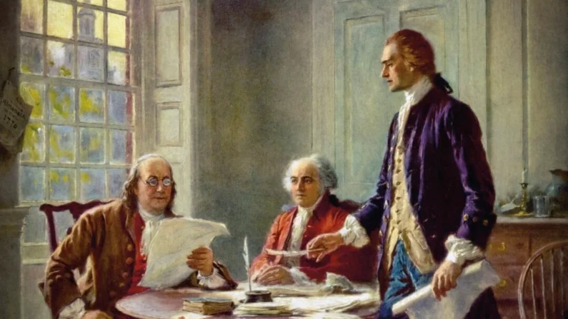 “Escrevendo a Declaração de Independência, 1776”, de Jean Leon Gerome Ferris, 1932. Retrata (da esquerda para a direita) Benjamin Franklin, John Adams e Thomas Jefferson revisando um rascunho da Declaração de Independência. (Domínio público)
