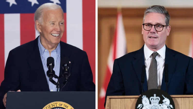 Esquerda: O presidente Joe Biden fala com apoiadores durante um comício de campanha na Sherman Middle School em Madison, Wisconsin, em 5 de julho de 2024. (Andrew Harnik/Getty Images) À direita: O recém-eleito primeiro-ministro britânico Keir Starmer dá uma coletiva de imprensa após sua primeira reunião de gabinete na Downing Street, em Londres, em 6 de julho de 2024. (Claudia Greco-WPA Pool/Getty Images)
