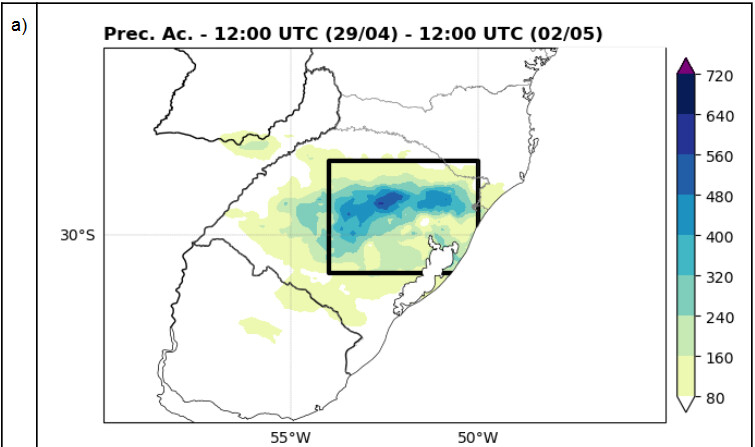 Precipitação acumulada entre 12:00 UTC do dia 29/04 e 02/05 (Imagem: INPE)
