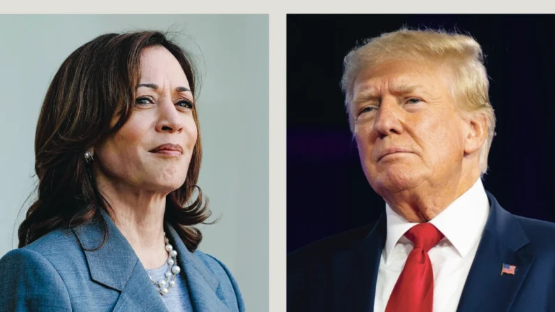 (Esquerda) Vice-presidente Kamala Harris na Casa Branca em Washington em 18 de março de 2024. (Direita) Ex-presidente Donald Trump em Mason City, Iowa, em 5 de janeiro de 2024. (Anna Moneymaker; Brandon Bell/Getty Images)
