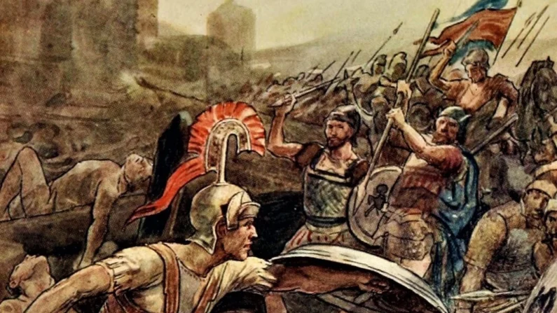 Epaminondas defendendo Pelópidas no cerco de Mantineia (385 a.C.); imagem de William Rainey (1900) (Domínio Público)
