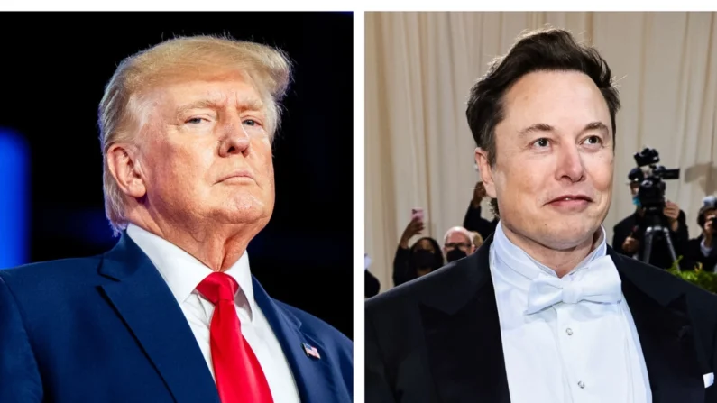 (Esquerda) O ex-presidente Donald Trump se prepara para falar na Conservative Political Action Conference (CPAC) em Dallas, Texas, em 6 de agosto de 2022. (Direita) Elon Musk comparece ao Met Gala de 2022 celebrando "In America: An Anthology of Fashion" no Metropolitan Museum of Art em Nova Iorque em 2 de maio de 2022. (Brandon Bell, Jamie McCarthy/Getty Images)