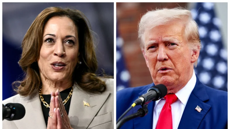 (Esquerda) A vice-presidente Kamala Harris discursa no Prince George's Community College em Largo, Maryland, em 15 de agosto de 2024. (À direita) O ex-presidente Donald Trump fala durante uma entrevista coletiva no Trump National Bedminster Clubhouse em Bedminster, N.J., em 15 de agosto de 2024. (Brendan Smialowski/AFP via Getty Images; Michael M. Santiago/Getty Images)