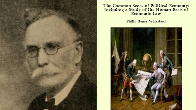 O reverendo Philip H. Wicksteed (1844-1927) e a capa de seu livro The Common Sense of Political Economy (1910) (Elliot e Fry; domínio público)
