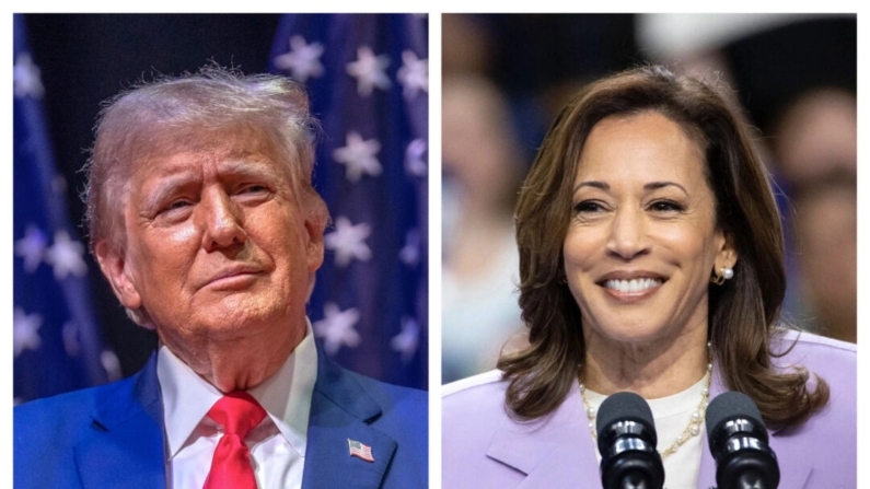 O ex-presidente Donald Trump em um evento de campanha em Asheville, N.C., em 14 de agosto de 2024; A vice-presidente Kamala Harris fala durante um comício de campanha em Las Vegas, Nevada, em 10 de agosto de 2024 (Grant Baldwin/Getty Images; Ronda Churchill/AFP via Getty Images)