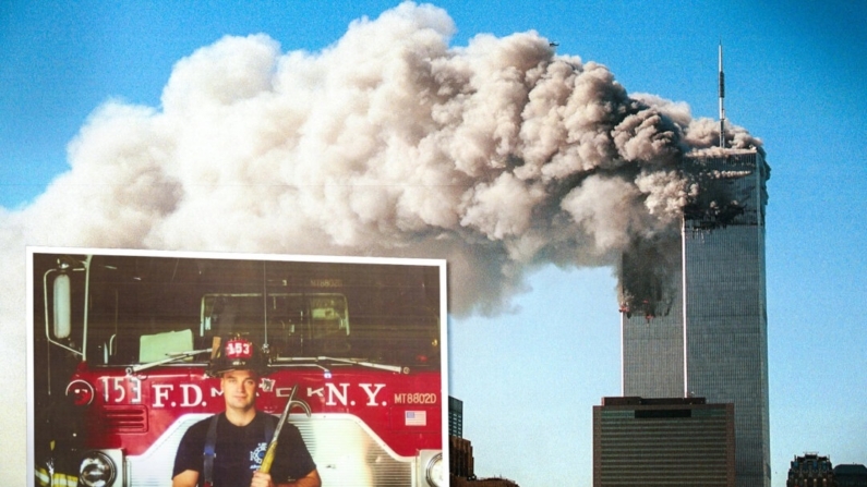 As torres gêmeas durante os ataques de 11 de setembro de 2001 (Robert Giroux/Getty Images); (Inserto) Stephen Siller. (Cortesia de Tunnel to Towers)