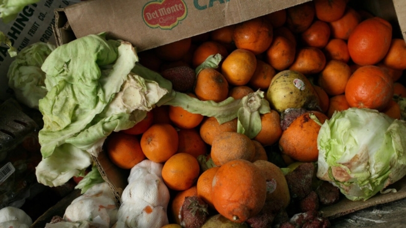 Uma caixa com restos de alimentos que serão compostados fica na estação de transferência da Norcal Waste Systems em São Francisco, em 21 de abril de 2009. (Justin Sullivan/Getty Images)
