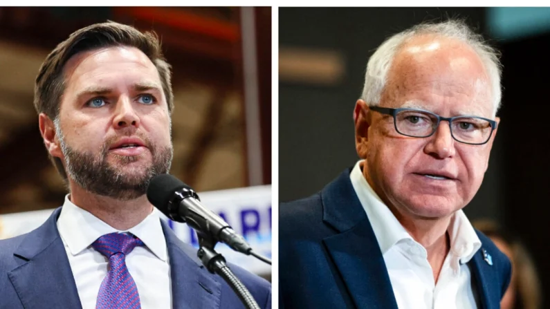 (Esquerda) Candidato republicano à vice-presidência, senador JD Vance (R-Ohio). (Direita) Democrata candidato democrata à vice-presidência, governador de Minnesota, Tim Walz (Adam Bettcher/Stephen Maturen/Getty Images)