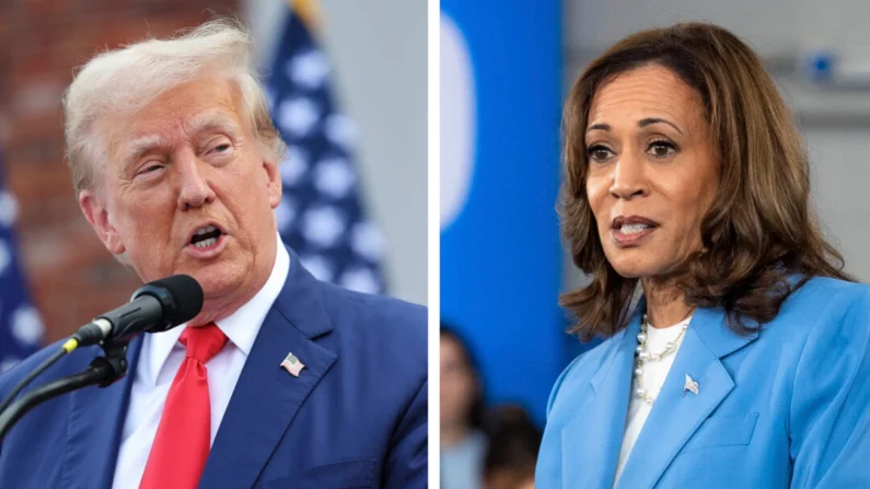 Candidato presidencial republicano, ex-presidente Donald Trump fala durante uma entrevista coletiva no Trump National Bedminster Clubhouse em Bedminster, N.J., em 15 de agosto de 2024; Candidata presidencial democrata, vice-presidente Kamala Harris fala sobre sua plataforma política em Raleigh, N.C., em 16 de agosto de 2024. (Michael M. Santiago/Getty Images; Grant Baldwin/Getty Images)