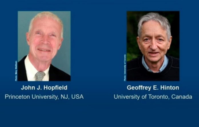 Prémio Nobel da Física 2024 atribuído a John J. Hopfield e Geoffrey E. Hinton por desenvolvimento em aprendizagem de máquina com redes neurais artificiais. (Foto: 
Comité Nobel)