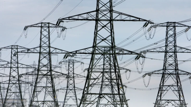 Cabos de energia aéreos da Usina Nuclear de Dungeness se estendendo pelo interior de Kent, na Inglaterra, em 26 de março de 2008. (Gareth Fuller/PA Wire)
