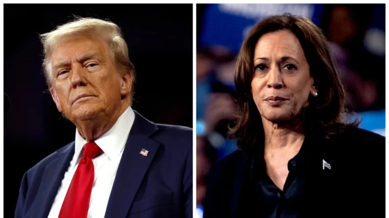 (Esquerda) O ex-presidente Donald Trump faz comentários em um comício de campanha em Reading, Pensilvânia, em 9 de outubro de 2024. (Direita) A vice-presidente Kamala Harris fala durante um comício em Flint, Michigan, em 4 de outubro de 2024. (Chip Somodevilla, Scott Olson/Getty Images)
