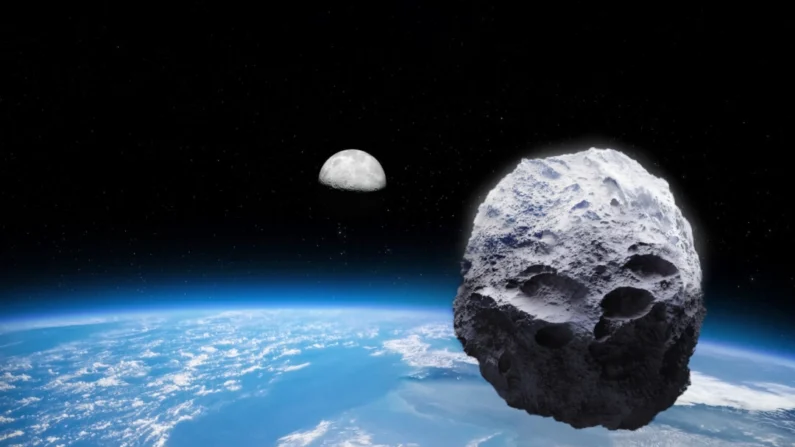 Uma ilustração do Epoch Times mostra um asteroide orbitando a Terra (Shutterstock/ buradaki/ Rawhi302/ Mikael Damkier)
