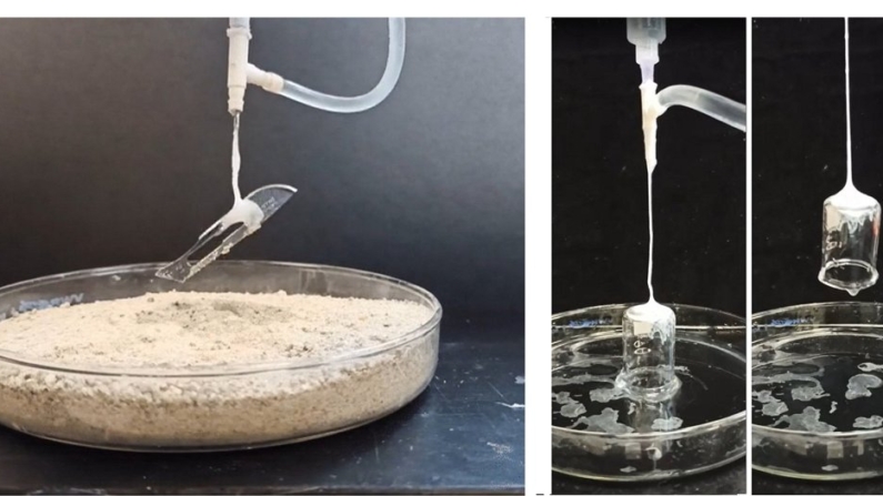  técnica envolve disparar um material fluido de uma agulha que, ao tocar o ar, se solidifica, formando uma fibra que adere ao alvo e pode levantar pequenos objetos (Imagem: Marco Lo Presti et al. - 10.1002/adfm.202414219)