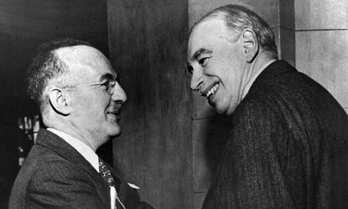 O secretário adjunto do Tesouro dos EUA, Harry Dexter White (esq.), e John Maynard Keynes, conselheiro honorário do Tesouro do Reino Unido, na reunião inaugural do Conselho de Governadores do Fundo Monetário Internacional em Savannah, Geórgia, em 8 de março de 1946. FMI
