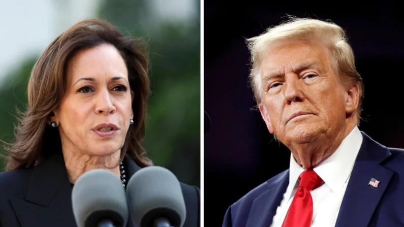 (Esquerda) A vice-presidente Kamala Harris no Observatório Naval em Washington, DC, em 7 de outubro de 2024; (Direita) O candidato presidencial republicano, o ex-presidente Donald Trump, faz um discurso em um comício de campanha na Santander Arena em Reading, Pensilvânia, em 09 de outubro de 2024 (Ting Shen, Chip Somodevilla/Getty Images)
