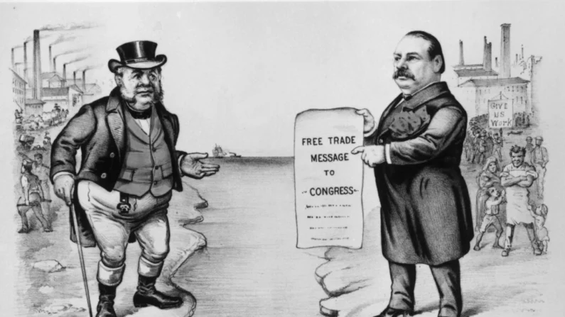 1888: Um cartoon pró-tarifas elevadas mostra o presidente dos EUA, Grover Cleveland (1837–1908), introduzindo tarifas mais baixas em apoio aos britânicos. Muitos americanos eram a favor de tarifas mais elevadas sobre as importações, com base no fato de que, se os produtos britânicos fossem mantidos fora do mercado dos EUA, as indústrias americanas prosperariam. (Imagens MPI/Getty)
