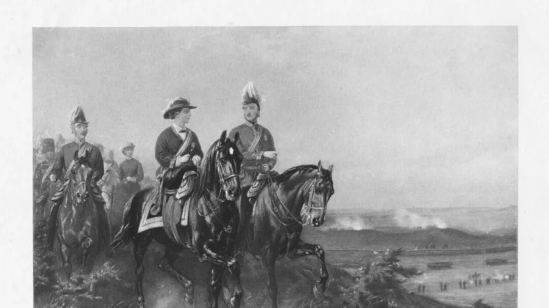 Gravura da Rainha Vitória e do Príncipe Albert a cavalo, cavalgando em Aldershot, Inglaterra, por volta de 1850. Gravado a partir de uma pintura de G.H. Thomas (Fotos de arquivo/Getty Images)
