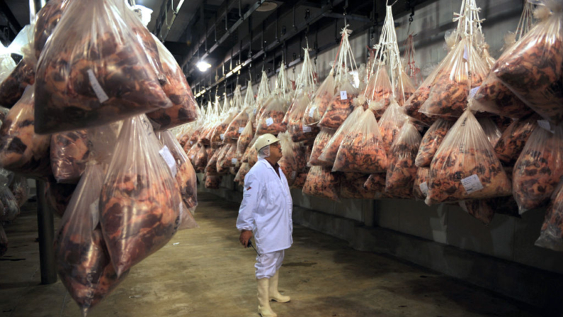 Um trabalhador verifica sacos com carne na fábrica da Marfrig em Fray Bentos, Uruguai, em 8 de maio de 2009. A fábrica, parte do grupo brasileiro Marfrig, é o último elo de uma cadeia que começou em 1862, quando o alemão Georg Giebert fundou a Liebig's Extract of Meat Company para produzir corned beef e extrato de carne (Foto de MIGUEL ROJO/AFP via Getty Images)