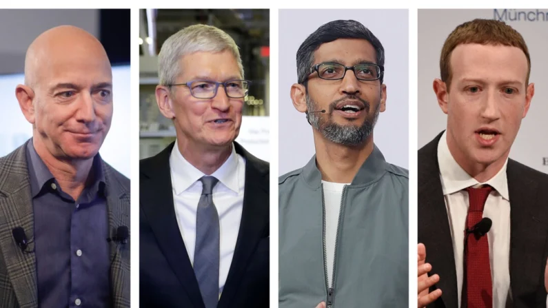 Esta combinação de fotos mostra o CEO da Amazon, Jeff Bezos, o CEO da Apple, Tim Cook, o CEO do Google, Sundar Pichai, e o CEO do Facebook, Mark Zuckerberg, em 2019–2020 (Pablo Martinez Monsivais, Evan Vucci, Jeff Chiu, Jens Meyer/AP Photo)
