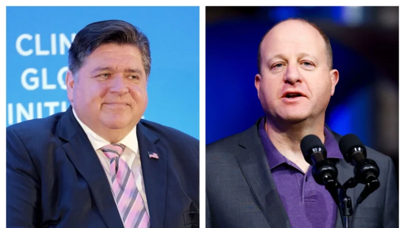 (Esquerda) Governador de Illinois, JB Pritzker, no New York Hilton Midtown, na cidade de Nova Iorque, em 24 de setembro de 2024; (À direita) O governador do Colorado, Jared Polis, fala em Pueblo, Colorado, em 29 de novembro de 2023 (Craig Barritt; Michael Ciaglo/Getty Images)