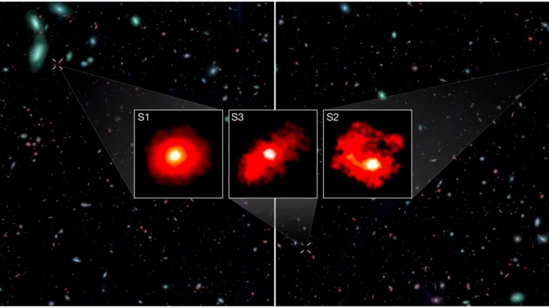 As três galáxias "Monstro Vermelhas" se formaram a "velocidades inesperadas" (Imagem: NASA/CSA/ESA, M. Xiao & P. A. Oesch, G. Brammer, Dawn JWST Archive)