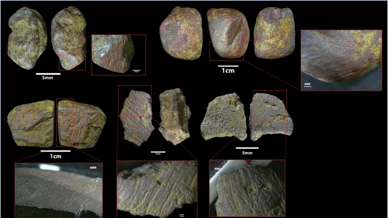 Exemplos de artefatos de ocre modificado de Sibebe, mostrando desgaste, estrias e evidências de trituração ou pontuação (Imagem: Reprodução/DOI: 10.1038/s41467-024-53050-6)