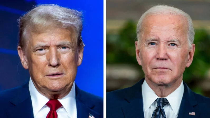 (Esquerda) ex-presidente Donald Trump em 22 de junho de 2024. (direita) presidente Joe Biden em 15 de novembro de 2023 (Madalina Vasiliu/Epoch Times; Kent Nishimura/Getty Images)