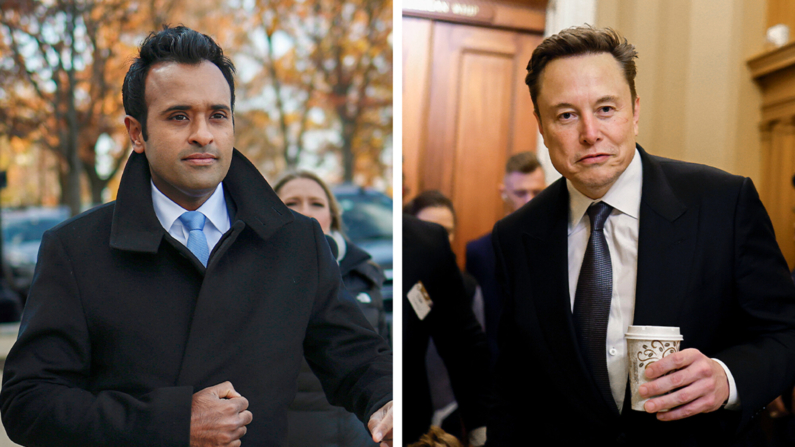 (Esquerda) O empresário Vivek Ramaswamy e (Direita) o CEO da Tesla Motors, Elon Musk, co-presidentes do recém-anunciado Departamento de Eficiência Governamental, chegam ao Capitólio em 5 de dezembro de 2024. (Anna Moneymaker/Getty Images)