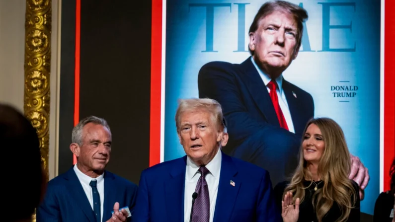 O presidente eleito Donald Trump discursa em recepção na Bolsa de Valores de Nova York após ser eleito pela segunda vez a "Personalidade do Ano" da revista Time, na cidade de Nova Iorque, em 12 de dezembro de 2024 (Imagens de Spencer Platt/Getty Images)