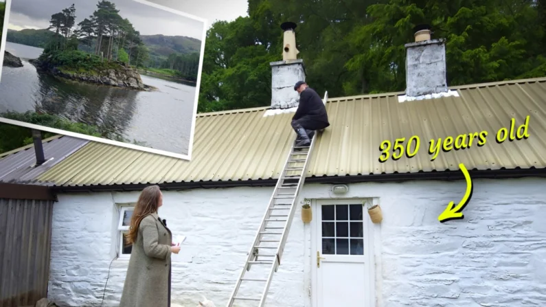 Os Petersen trabalham em sua casa de pedra nas ilhas Hébridas (Ilustração do Epoch Times, cortesia de Katie Petersen/The Scottish Isle)
