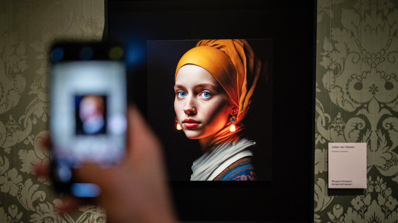 Um visitante tira uma foto com seu celular de uma imagem projetada com inteligência artificial pelo criador digital Julian van Dieken (C), baseado em Berlim, inspirada na pintura "Garota com Brinco de Pérola" de Johannes Vermeer, no Museu Mauritshuis, em Haia, em 9 de março. , 2023. (Simon Wohlfahrt/AFP via Getty Images)
