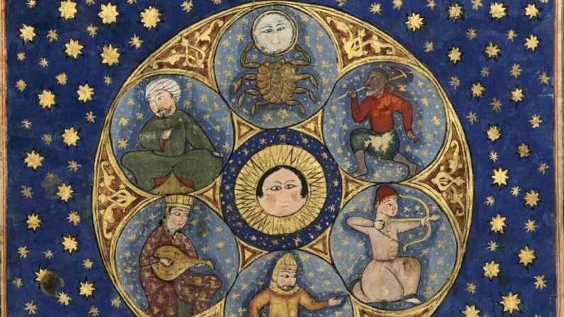 Uma miniatura dos sete planetas clássicos de um manuscrito otomano, "As Maravilhas da Criação", do século XII, de Zakariya al-Qazwini (Domínio público)
