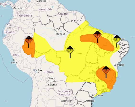 As regiões Norte, Centro-Oeste e Sudeste são as mais afetadas (Imagem: Divulgação/Inmet/Leaflet | penStreetMap contributors)