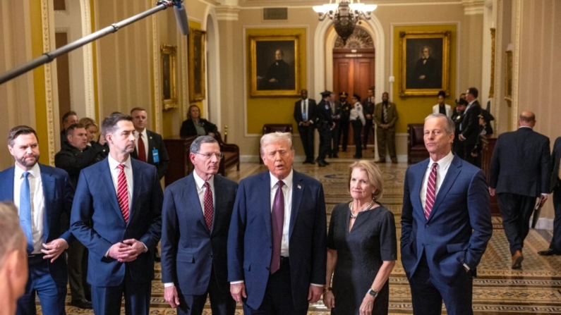 O presidente eleito Donald Trump fala à mídia enquanto (da esquerda para a direita) o vice-presidente eleito JD Vance e os senadores Tom Cotton (R-Ark.), John Barrasso (R-Wyo.), Shelley Moore Capito (R-W.Va.) e o líder da maioria no Senado, John Thune (R-S.D.), observam no Capitólio dos EUA em Washington, em 8 de janeiro de 2025. (Tasos Katopodis/Getty Images)