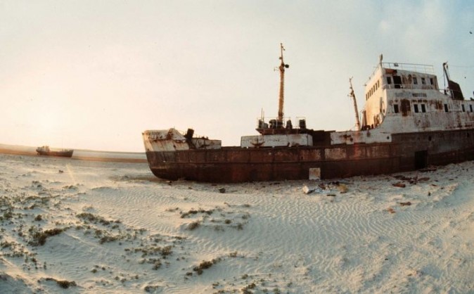 ARALSK, KAZAKHSTAN - UNDATED: An undated file photo shows abandoned ships sitting on the sand, where the Aral sea retreated, near the Kazakh city of Aralsk. (Photo by AFP/VICTOR VASENIN/Getty Images)